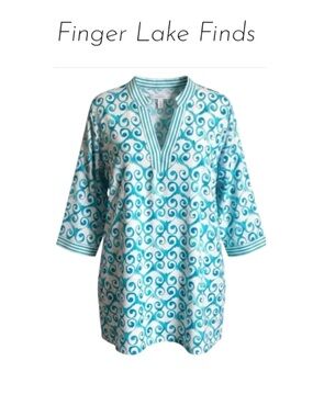 Foxcroft 100%  Cotton Turquoise and White Swirl Tunic, Sz 16